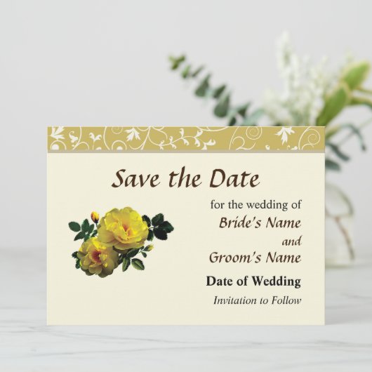 Twee gele rozen op zonneschijn sparen de Datum Save The Date (Staand voorkant)