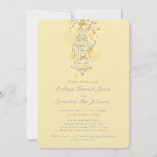 Twee gele vogels open vogelkooi bruiloft kaart (Achterkant)