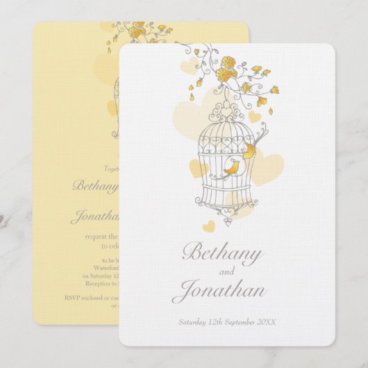 Twee gele vogels open vogelkooi bruiloft kaart (Voorkant / Achterkant)