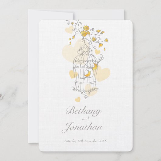 Twee gele vogels open vogelkooi bruiloft kaart (Voorkant)