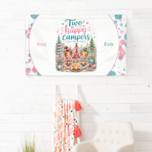 Twee Gelukkige Kampeerders Tweeling Meisjes Verjaa Spandoek