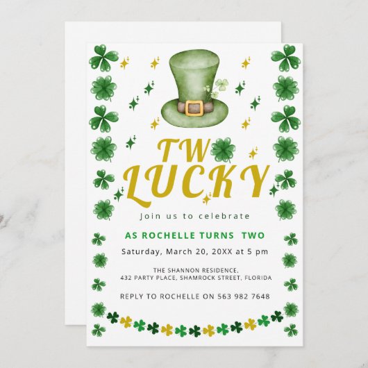 Twee gelukkige Shamrock verjaardagsfeestuitnodigin Kaart (Voorkant / Achterkant)