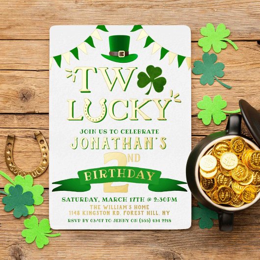 Twee gelukkige St. Patrick's Day 2nd Birthday Real Folie Uitnodiging