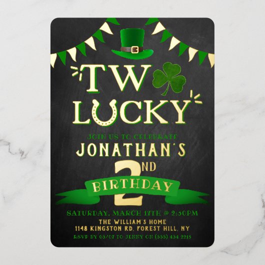 Twee gelukkige St. Patrick's Day 2nd Birthday Real Folie Uitnodiging (Voorkant)