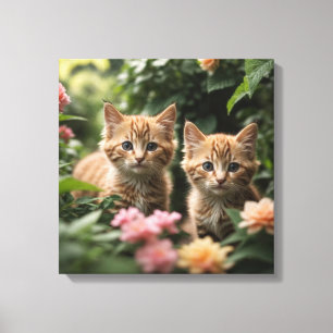 Twee gember Kittens die een weelderige tuin verken Canvas Afdruk