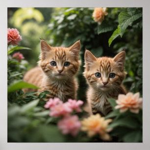 Twee gember Kittens die een weelderige tuin verken Poster