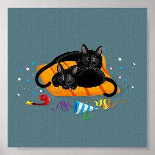 Twee geometrische zwarte katten slapen na feest poster