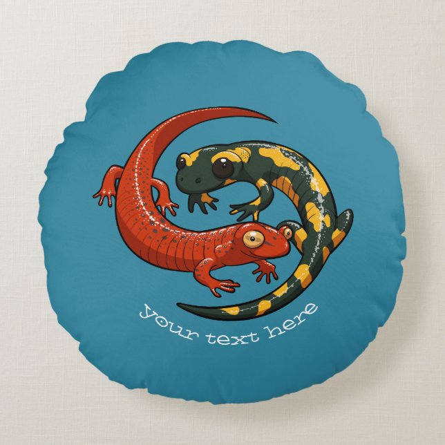 Twee getwijnde glimlachende Salamander Friends Car Rond Kussen (Voorkant)