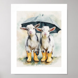 Twee gevlekte Baby-geiten op een regenachtige dag Poster
