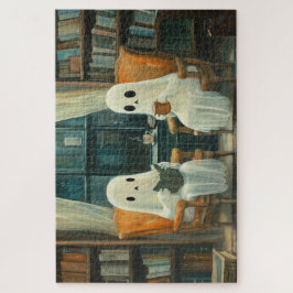 Twee gezellige geesten die in een bibliotheek leze legpuzzel
