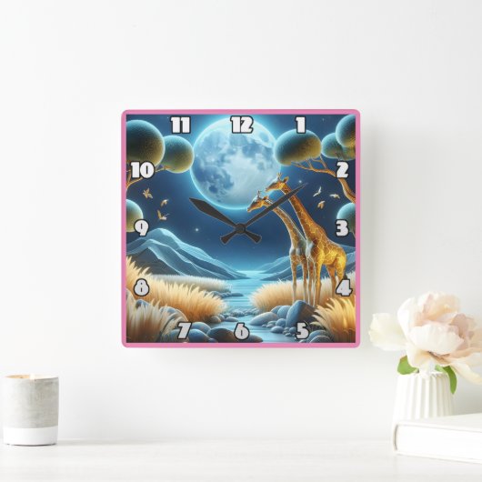 Twee giraffen onder de gloeiende maan in Afrika Vierkante Klok (Huis)