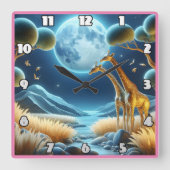 Twee giraffen onder de gloeiende maan in Afrika Vierkante Klok (Voorkant)