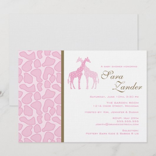 Twee Giraffes Baby shower Uitnodiging - Meisjes (Voorkant / Achterkant)