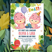 Twee Girls Dinosaur Joint Birthday Invitation