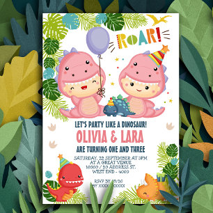 Twee Girls Dinosaur Joint Birthday Invitation Kaart