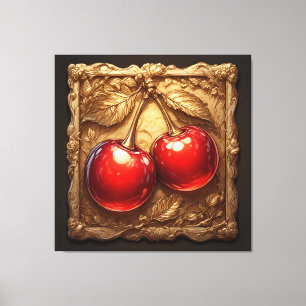 Twee glanzende rode kersen met gouden bladeren canvas afdruk