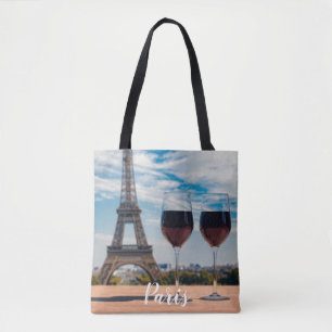 Twee glazen wijn met Eiffeltoren Tote Bag