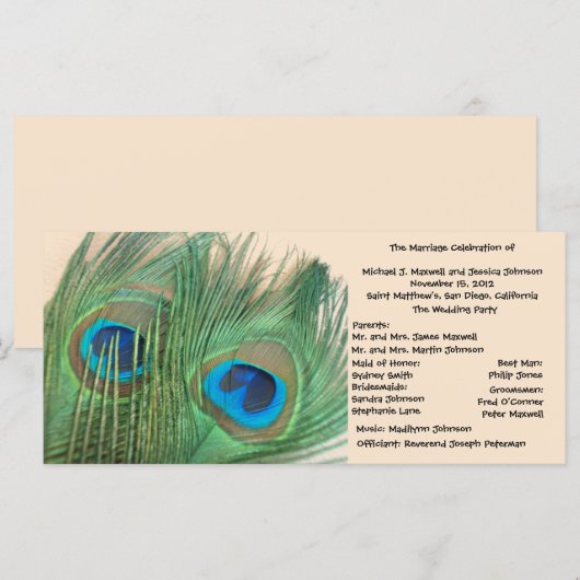 Twee Golden Peacock Feathers Trouwprogramma Programmakaart (Voorkant / Achterkant)