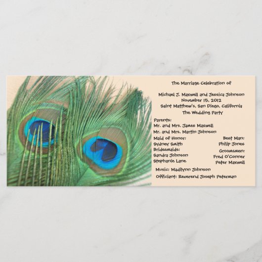 Twee Golden Peacock Feathers Trouwprogramma Programmakaart (Voorkant)
