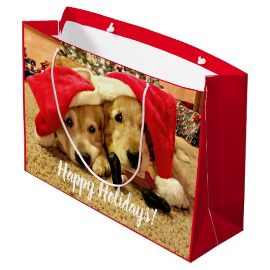Twee Golden Retriever-honden in Kerstmis in Santa Groot Cadeauzakje (Achterkant Gekanteld)