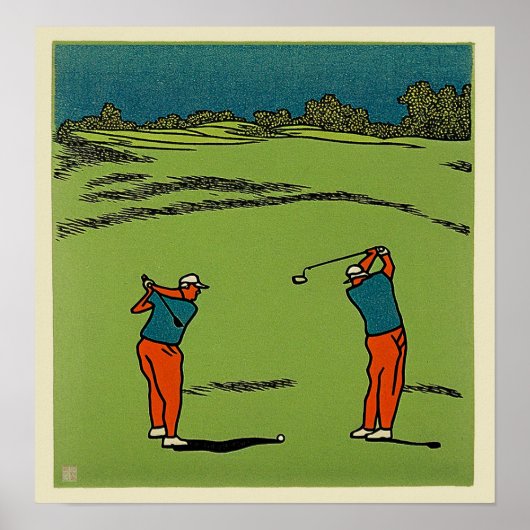 Twee Golfers Woodblock Print (Voorkant)