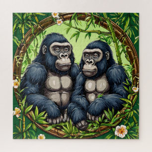 Twee gorilla's in een tropische bamboe lijst legpuzzel