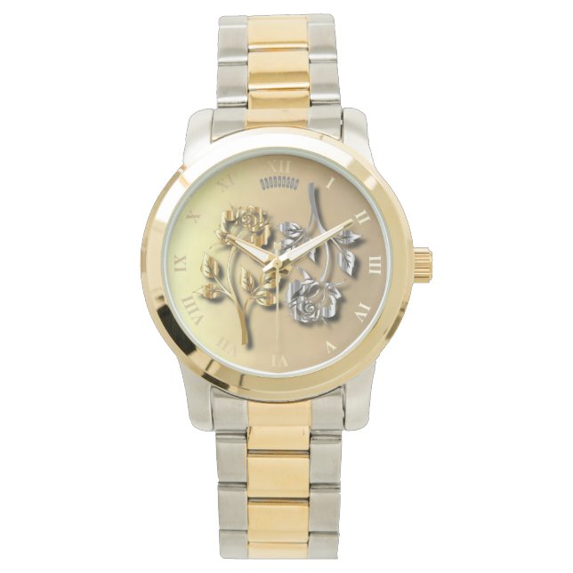 Twee gouden en zilveren Rozen met schaduwen Horloge (Voorkant)
