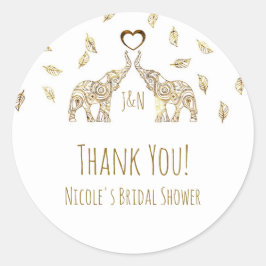 Twee gouden olifanten & herfstbladeren trouwgunst ronde sticker