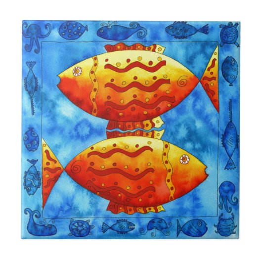 Twee goudvissen waterverf Zeeleven Onderwater Tegeltje (Voorkant)