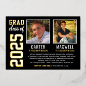 Twee Graduates Black Gold Graduparty foto Folie Uitnodiging (Voorkant)