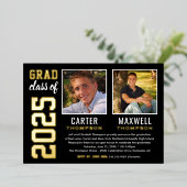 Twee Graduates Black Gold Graduparty foto Folie Uitnodiging (Staand Voorkant)
