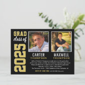 Twee Graduates Black Gold Graduparty foto Kaart (Staand voorkant)