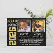 Twee Graduates Black Gold Graduparty foto Kaart (Staand voorkant)