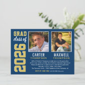 Twee Graduates Navy Gold Graduparty foto Kaart (Staand voorkant)