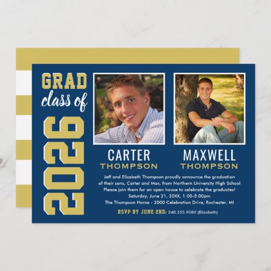 Twee Graduates Navy Gold Graduparty foto Kaart (Voorkant / Achterkant)