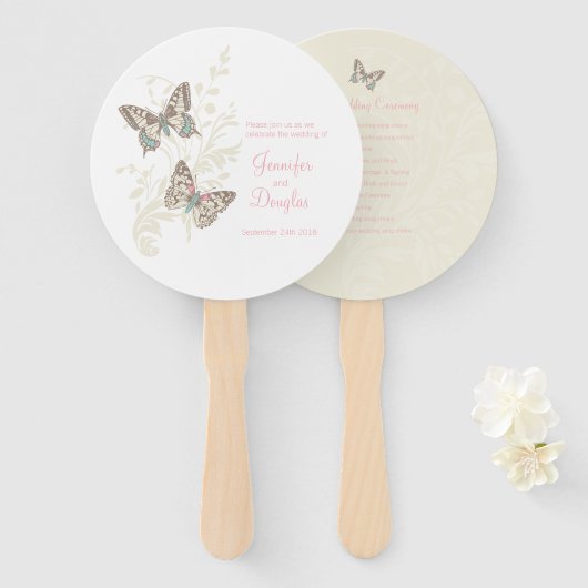 Twee grafische inkten vlinders bruiloft programma  handwaaier (Voorkant en achterkant)