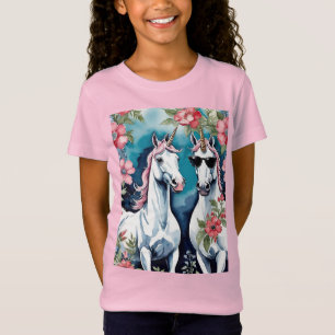 Twee grappige eenhoorns met roze bloemen t-shirt