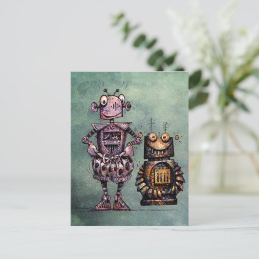 Twee grappige robots. briefkaart (Staand voorkant)