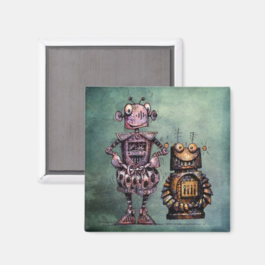 Twee Grappige Steampunk Robots! Magneet (Voorkant / Achterkant)