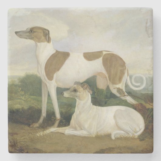 Twee Greyhounds in een Landschap (olie op canvas) Stenen Onderzetter (Voorkant)