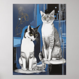 Twee grijze katten op een Abstracte achtergrond Poster