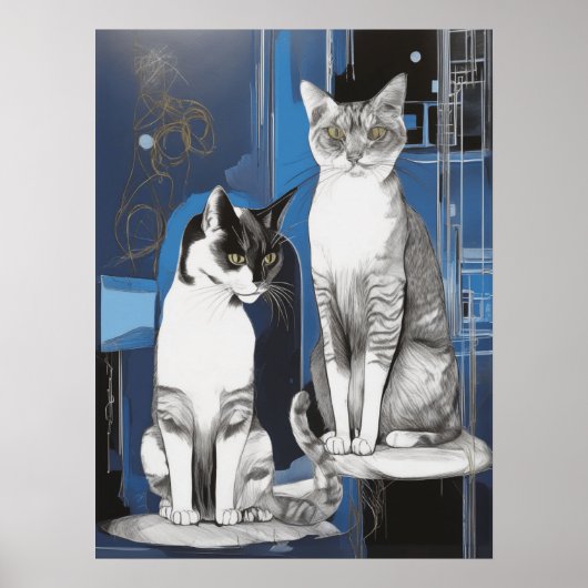 Twee grijze katten op een Abstracte achtergrond Poster (Voorkant)