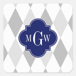 Twee grijze Wht Harlequin Navy 3 Initiaal Monogram Vierkante Sticker