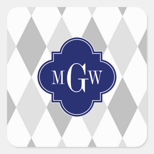 Twee grijze Wht Harlequin Navy 3 Initiaal Monogram Vierkante Sticker (Voorkant)