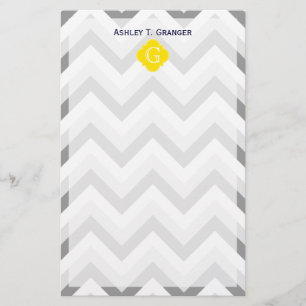 Twee grijze witte Chevron Geel Monogram Briefpapier