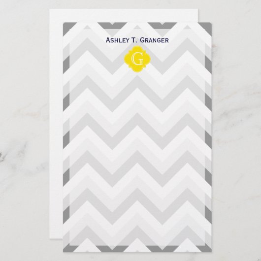 Twee grijze witte Chevron Geel Monogram Briefpapier (Voorkant / Achterkant)