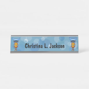 Twee grillige uilen kleurrijke veren blauwe cirkel bureau naambordje