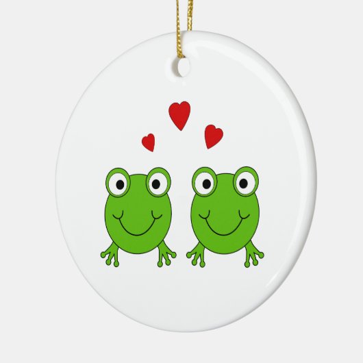 Twee groene kikkers met rood hart. keramisch ornament (Links)
