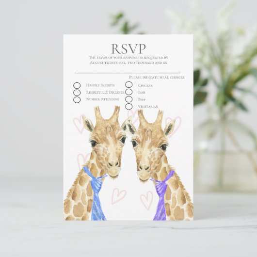 Twee Groom Giraffe Gay Bruiloft RSVP (Staand voorkant)