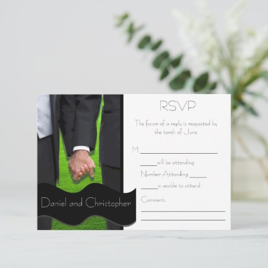 Twee Grooms Custom Gay Weddenschap RSVP-kaarten RSVP Kaartje (Staand voorkant)